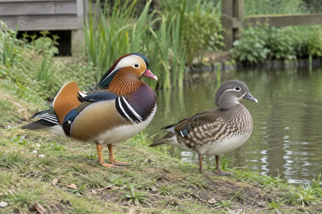 Illustration d’un canard mandarin mâle et d’une femelle au bord d’un bassin.