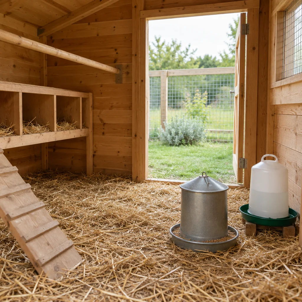 Poulailler en bois avec mangeoire, abreuvoir et accès à un enclos verdoyant.