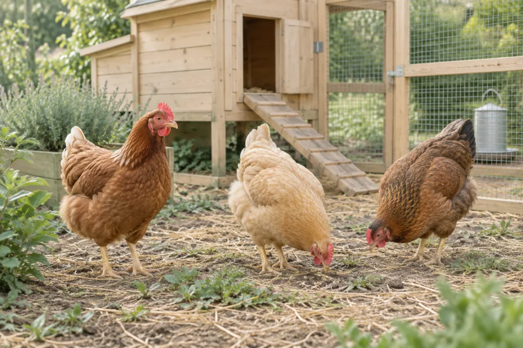 Trois poules dans un parcours clôturé près d’un poulailler en bois.