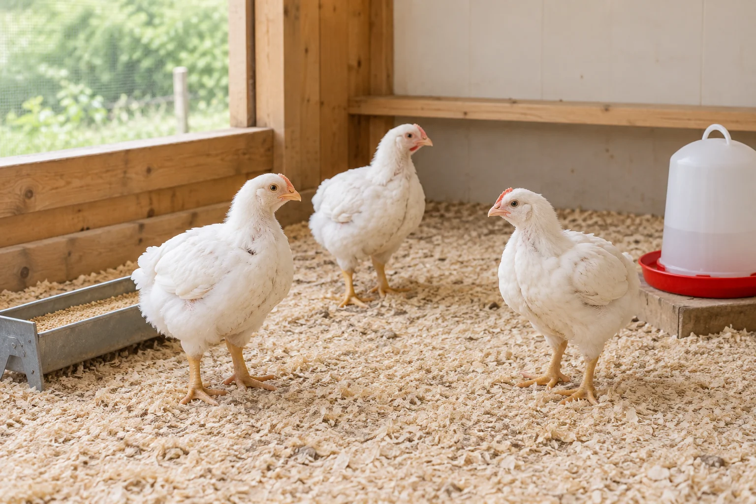 Trois jeunes poulets blancs se tiennent sur des copeaux de bois dans un logement en bois, à côté d’une mangeoire et d’un abreuvoir.