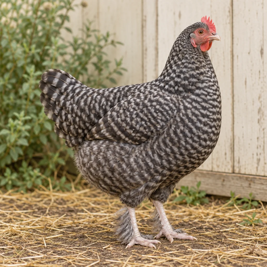 Poule au plumage coucou, avec une crête rouge et des plumes sur les pattes, debout sur de la paille devant une paroi en bois clair.