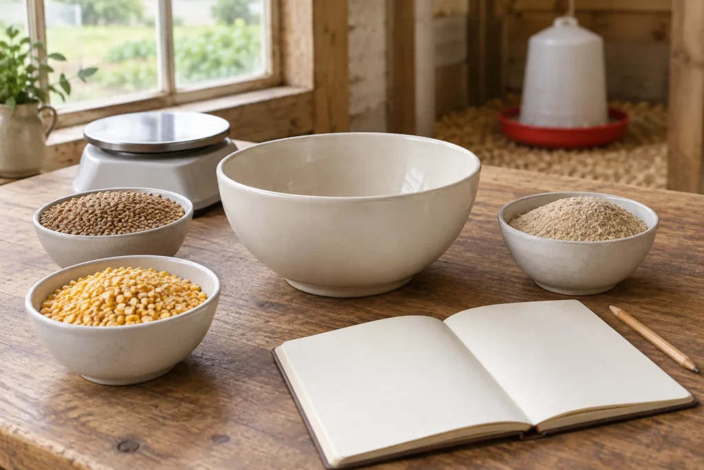 Sur une table en bois, des bols contenant des grains de céréales, des granulés jaunes et de la farine sont disposés à côté d’un bol vide, d’une balance et d’un cahier ouvert.