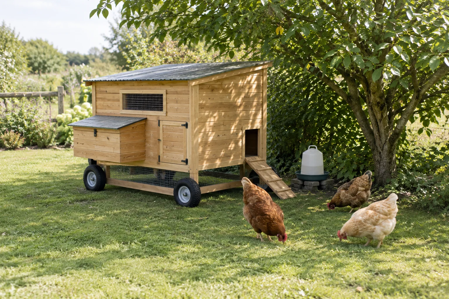 Illustration d’un poulailler mobile en bois avec une rampe d’accès, trois poules qui grattent le sol et un abreuvoir dans un jardin verdoyant.