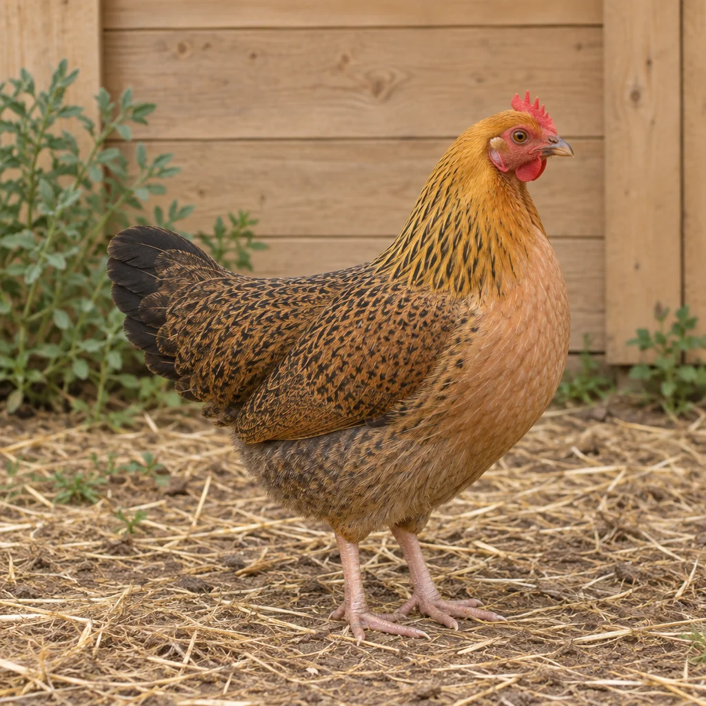 Illustration d’une poule Mugellese aux motifs brun doré et à la queue sombre, debout sur un sol couvert de paille.