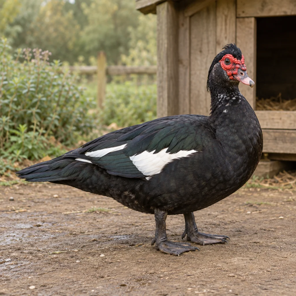 Canard de Barbarie noir avec des taches blanches sur les ailes et une peau rouge autour des yeux, debout dans une cour près d’un abri en bois.