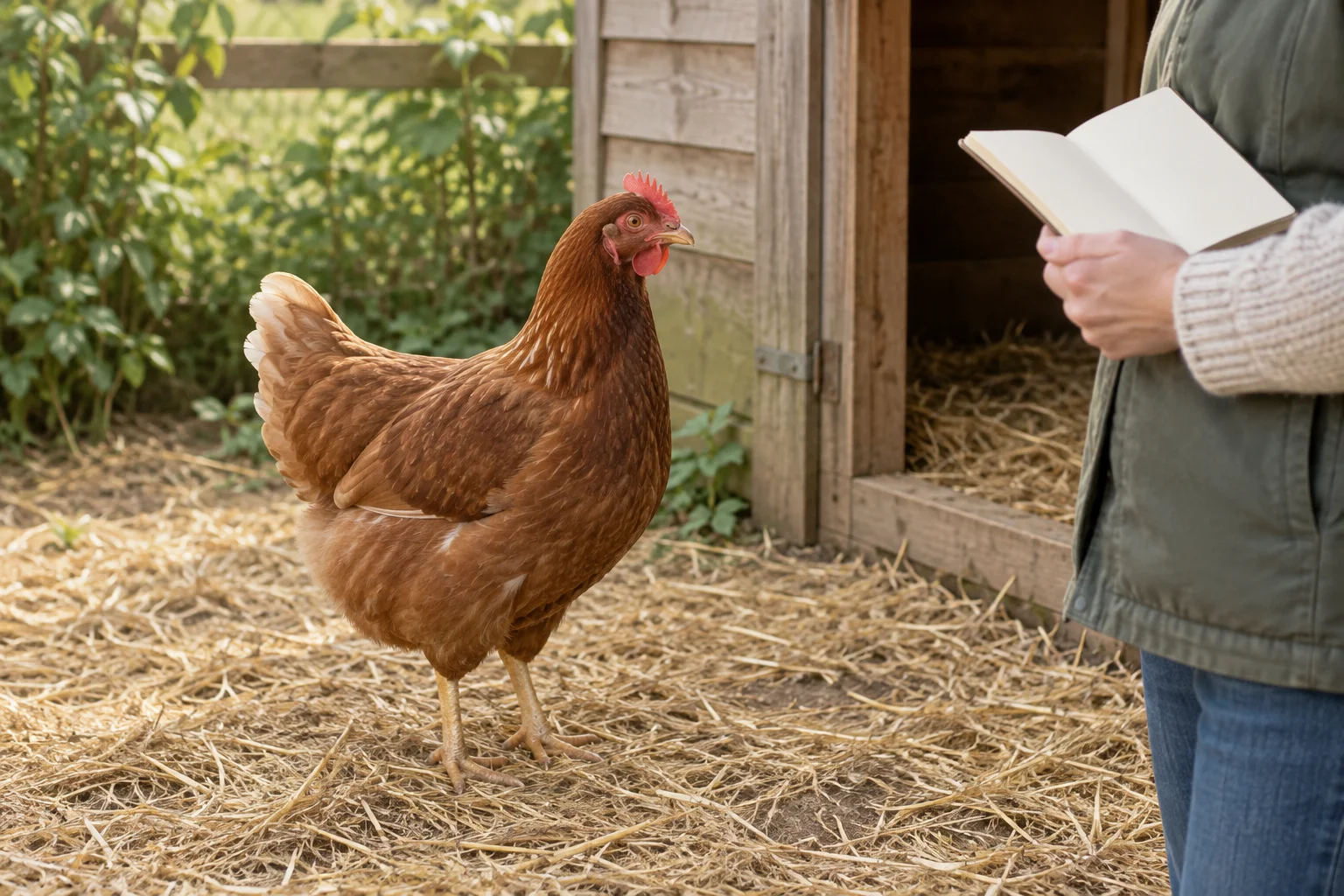 Une poule brune se tient sur de la paille près d’un poulailler en bois. À côté d’elle, une personne tient un carnet ouvert et vierge.