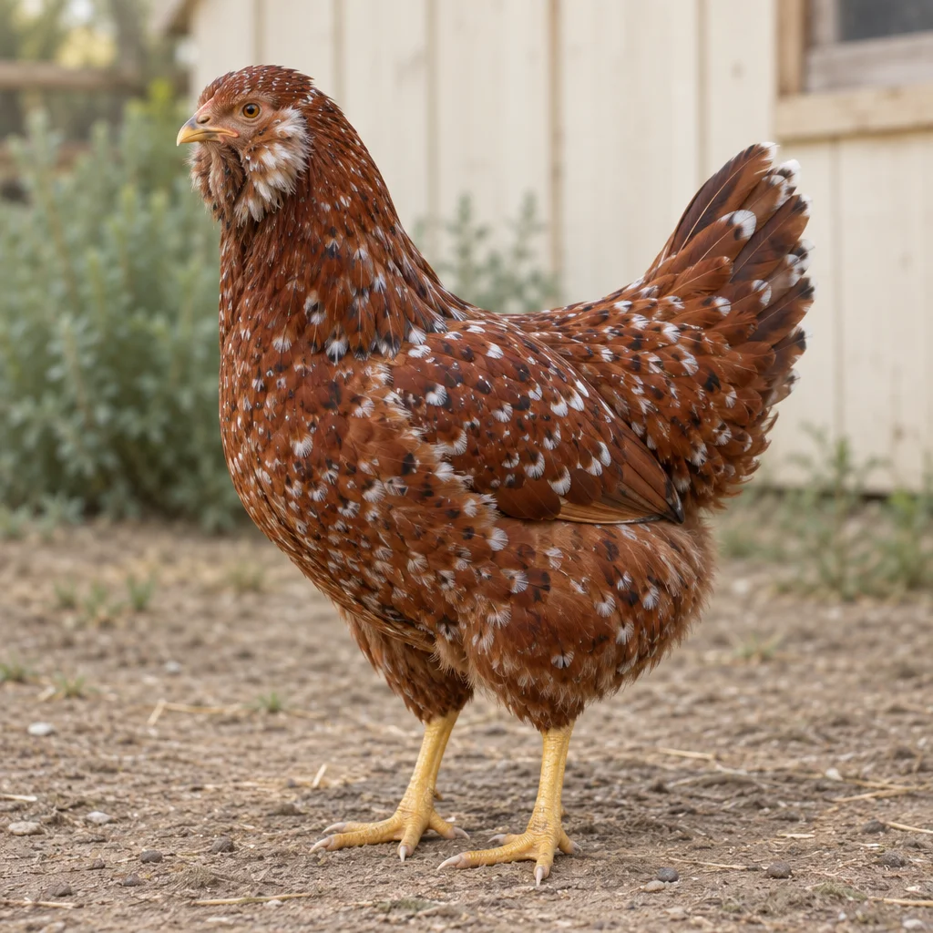 Illustration d’une poule Orloff rouge panaché, à la barbe fournie et à la queue relevée, dans une cour de ferme.