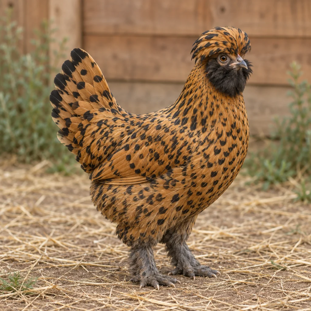 Illustration d'une poule Pavlovskaja dorée avec une barbe noire, une huppe, une queue portée haut et des pattes emplumées.