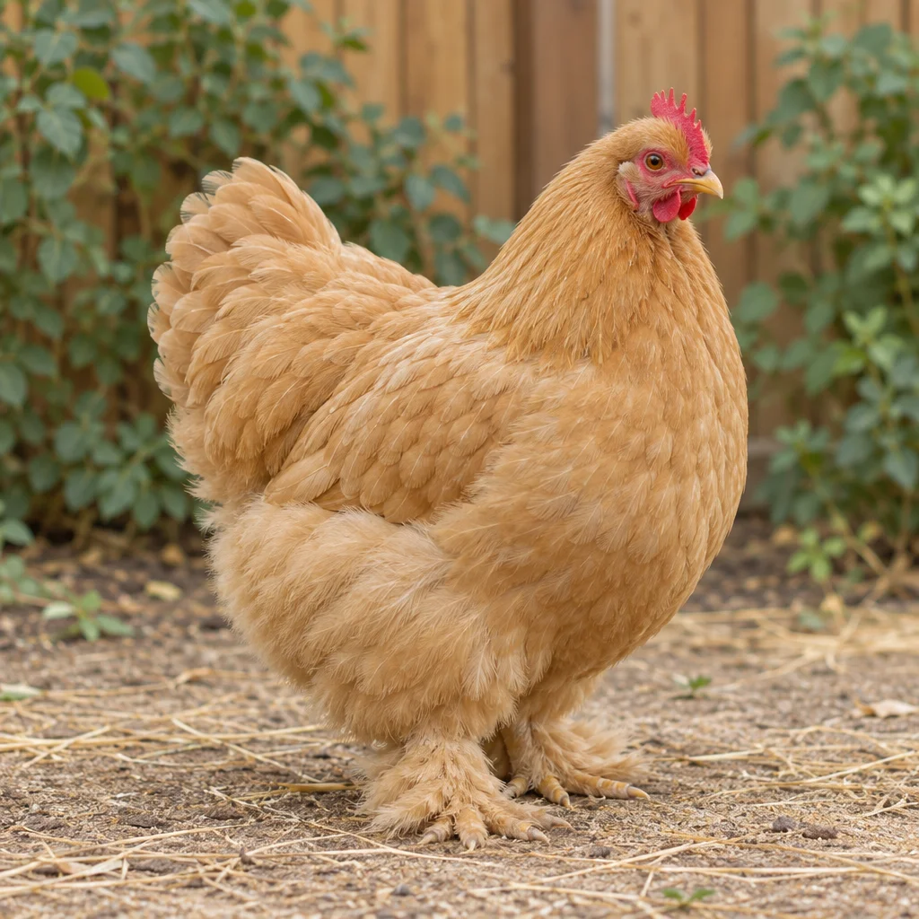Une petite poule ronde au plumage brun doré, avec une crête rouge et des pattes emplumées, se tient sur un sol sec devant une clôture en bois.