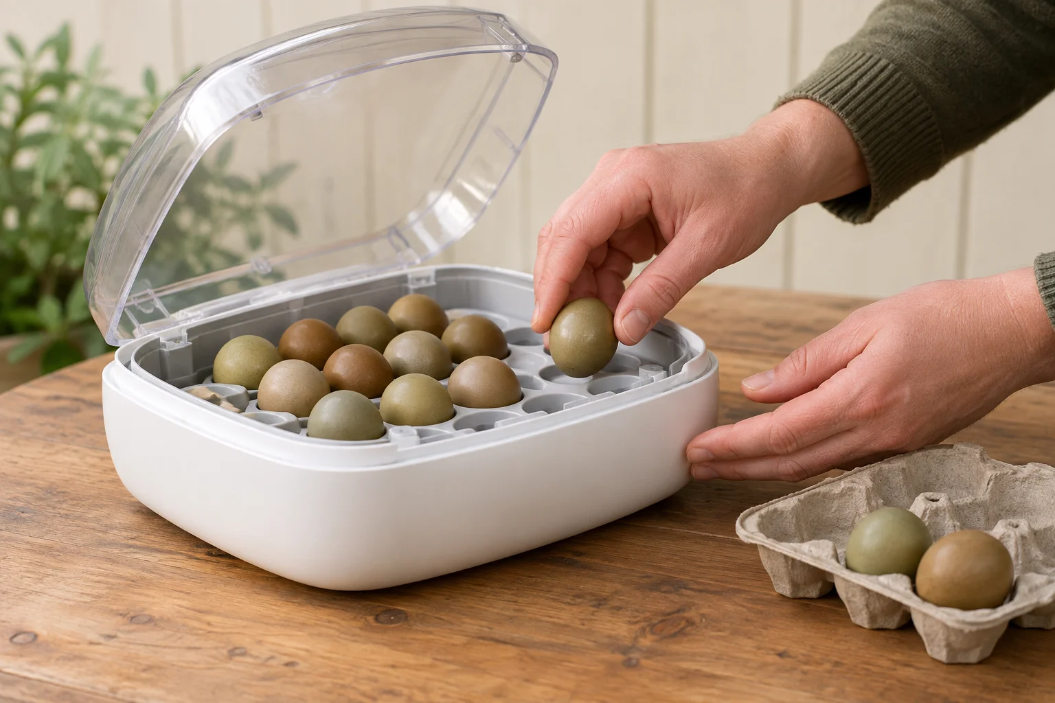 Des mains placent un œuf de couleur olive dans le bac d’une couveuse ouverte. Un support à œufs en carton est posé sur la table.