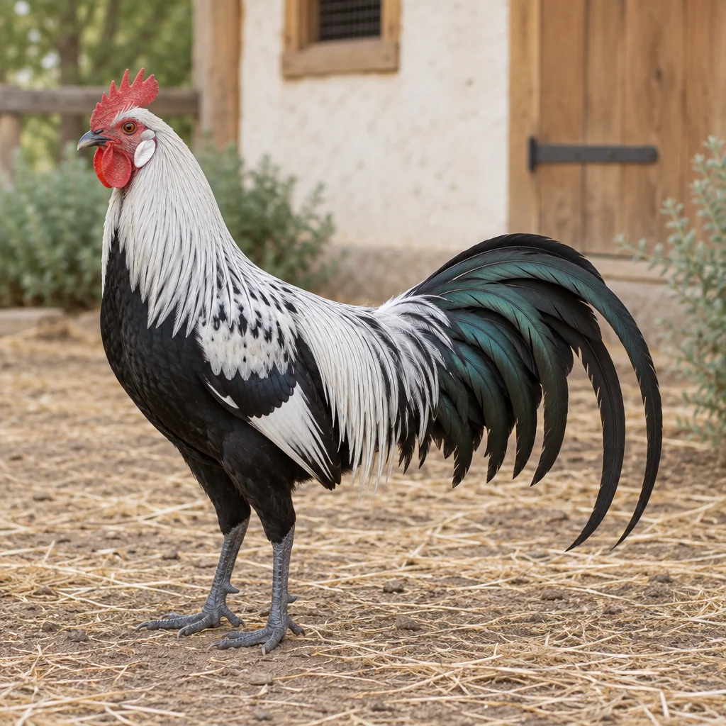 Coq blanc argenté et noir à la longue queue sombre, debout sur de la paille devant un poulailler en bois.