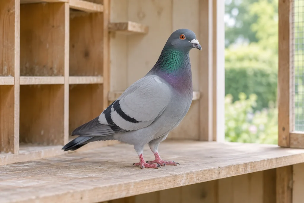 Un pigeon gris se tient sur une planche en bois dans un pigeonnier, avec des cases de repos vides et de la verdure en fond.