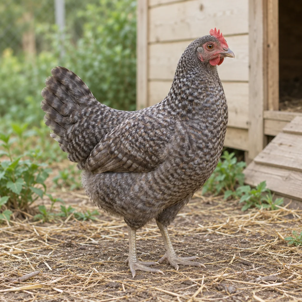 Illustration d’une poule Polbar au plumage barré près d’un poulailler.