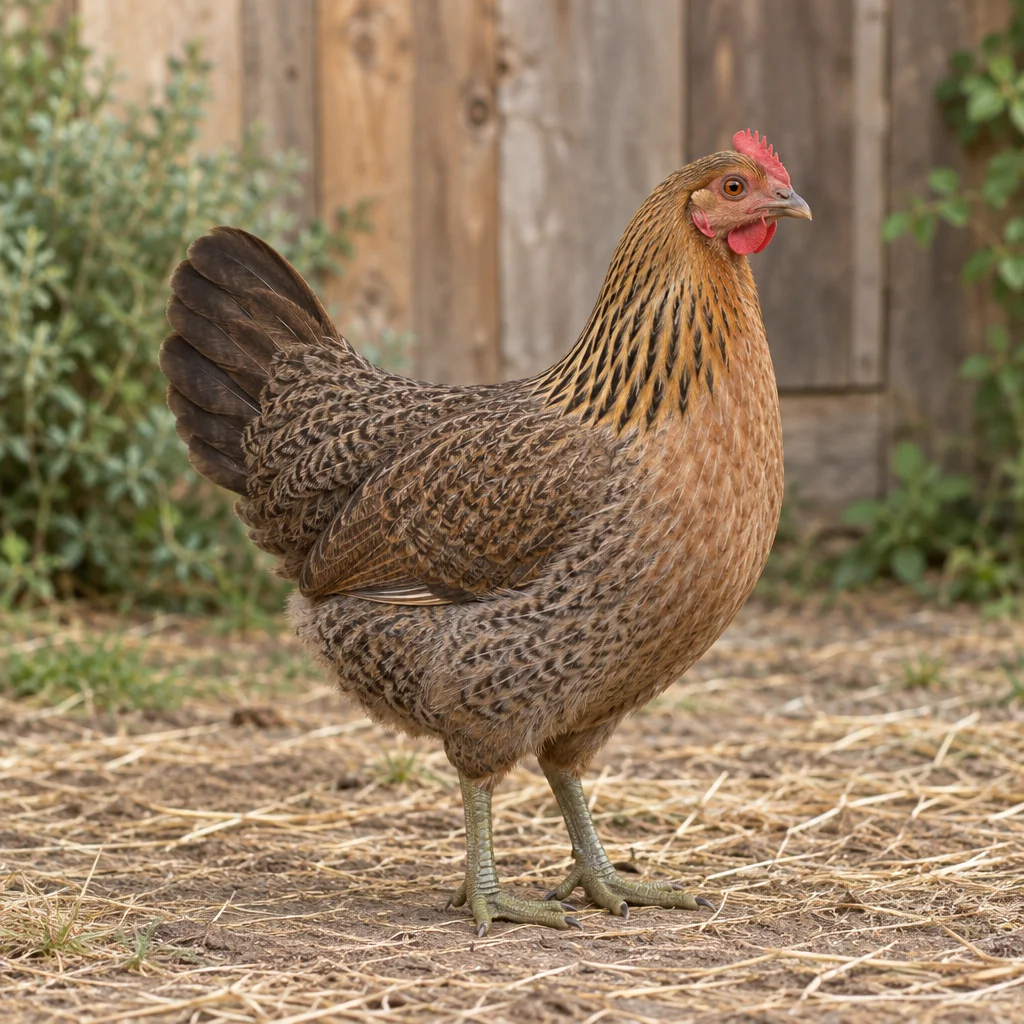Poule au plumage brun marqué, avec une crête rouge et des pattes vert olive, sur un terrain couvert de paille devant un mur en bois.