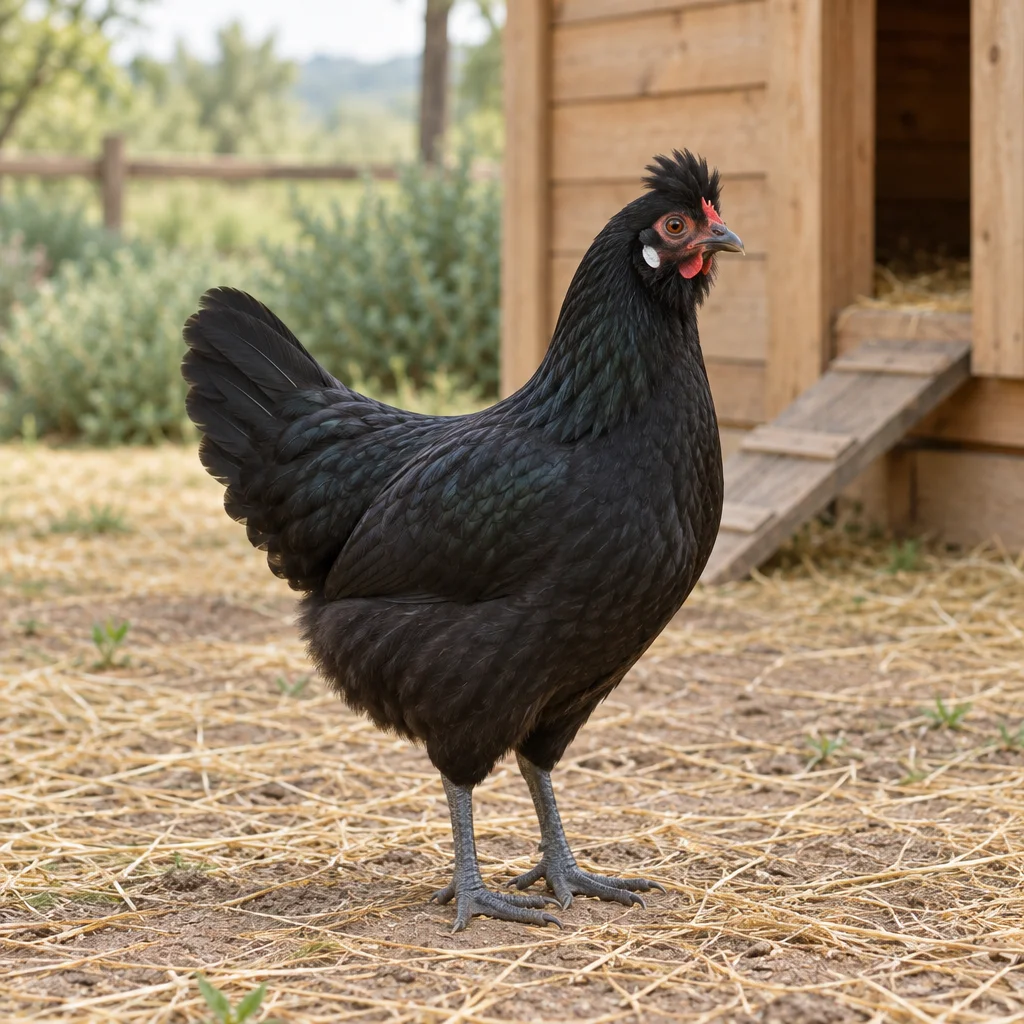 Poule noire avec une petite huppe dressée et des pattes grises, sur de la paille devant un poulailler en bois.