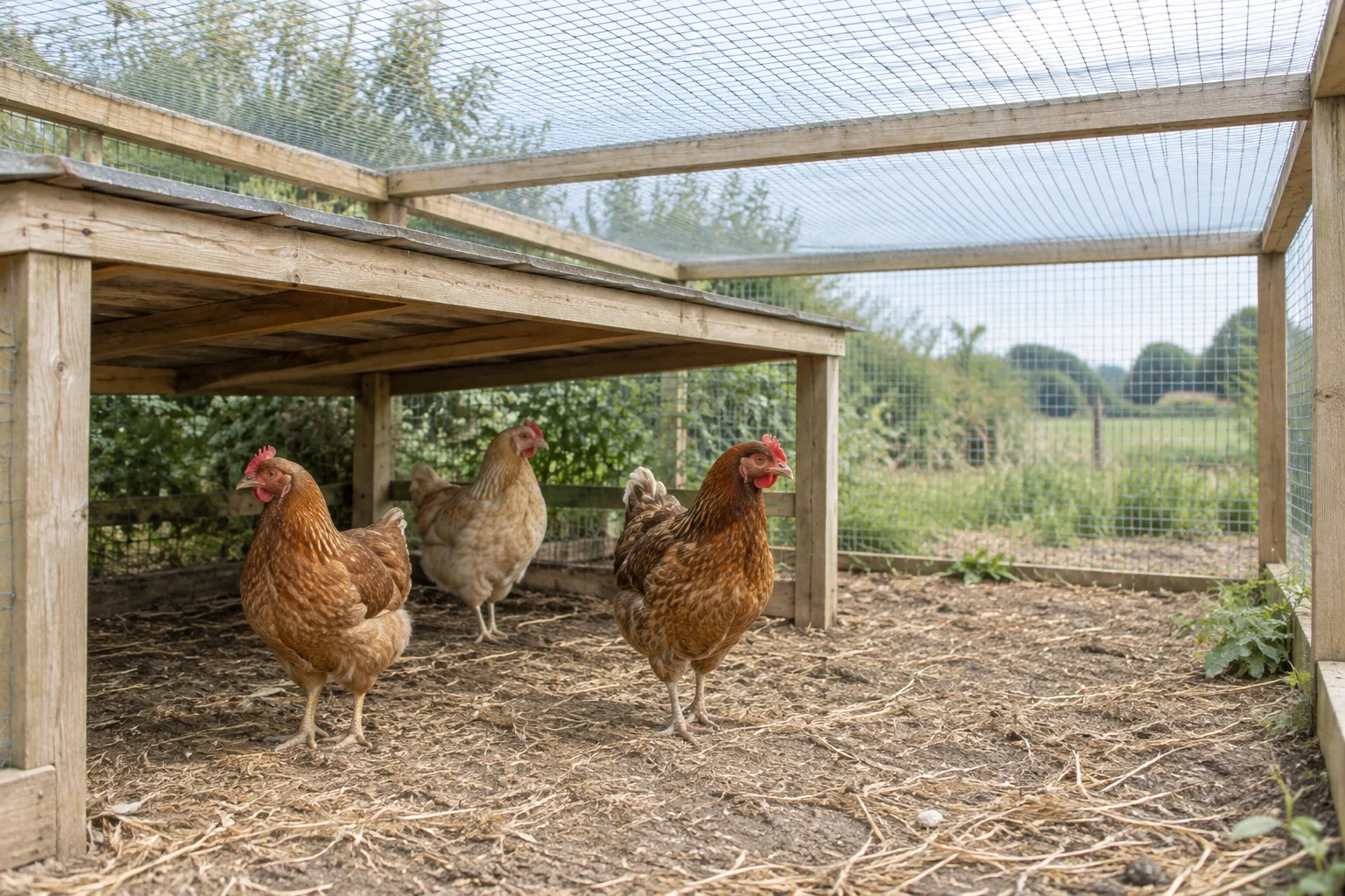 Trois poules dans un parcours couvert d’un grillage, avec un abri bas en bois.