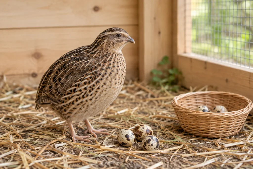 Caille au plumage brun tacheté dans un habitat en bois, à côté d’œufs mouchetés posés sur de la paille et d’un panier d’œufs.
