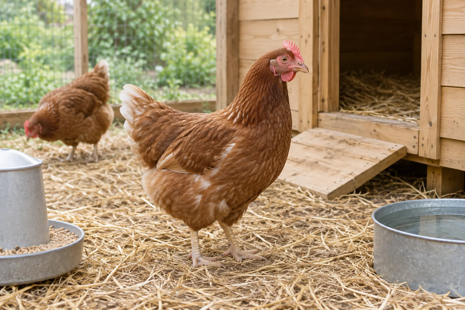 Deux poules brunes près d’un poulailler en bois, avec de la paille, une mangeoire et un récipient d’eau.