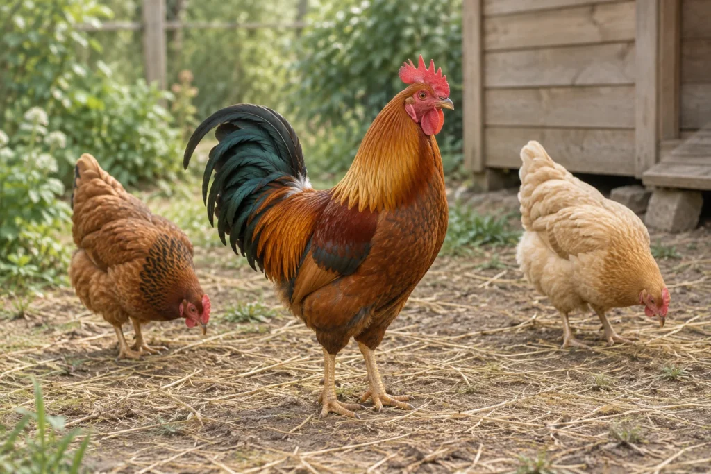 Un coq roux se tient entre deux poules qui grattent le sol couvert de paille, près d’un poulailler en bois.