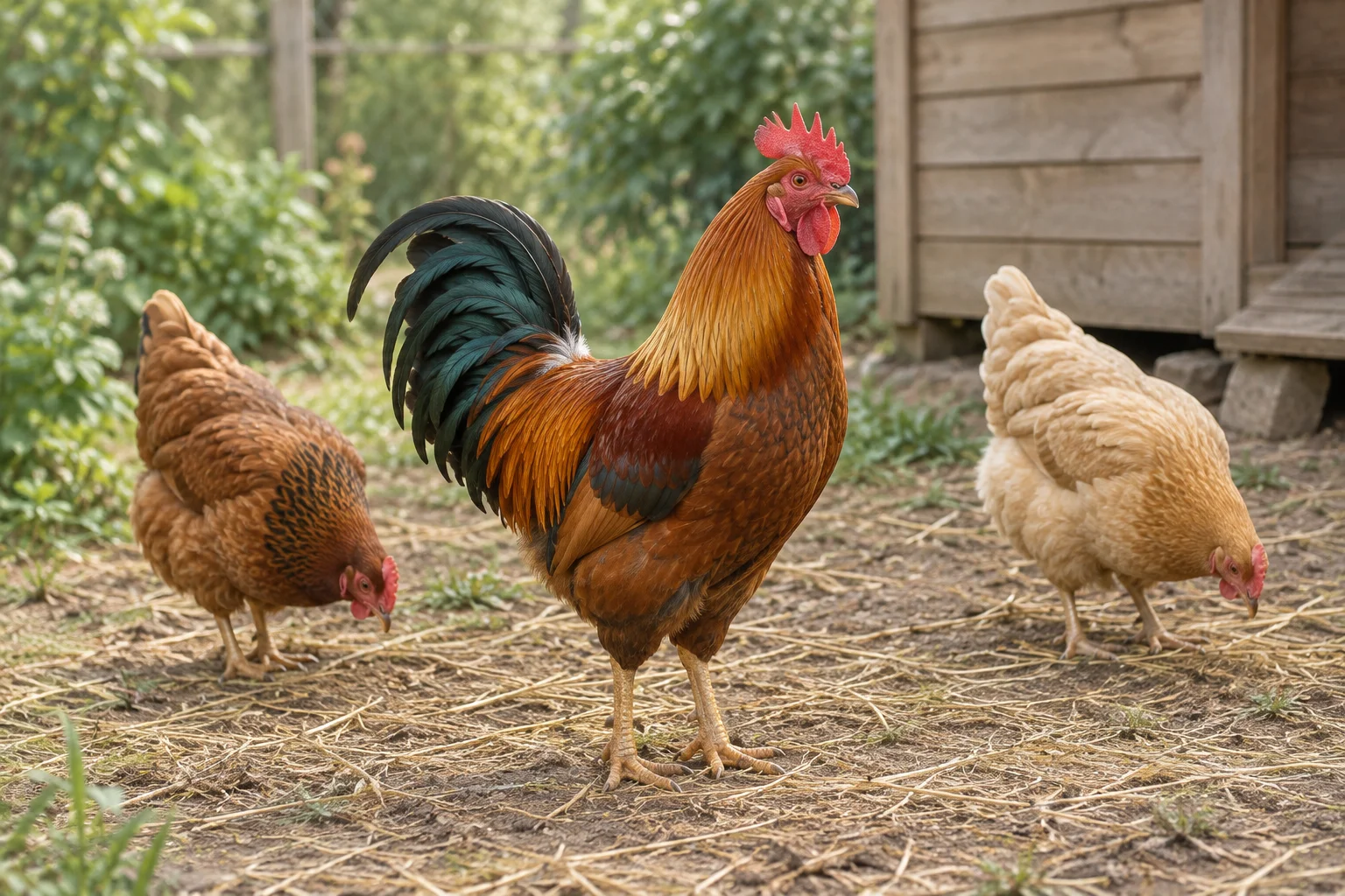 Un coq roux se tient entre deux poules qui grattent le sol couvert de paille, près d’un poulailler en bois.