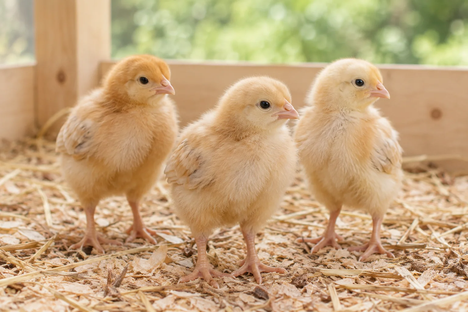 Trois jeunes poussins se tiennent sur de la paille et des copeaux de bois dans un abri en bois.