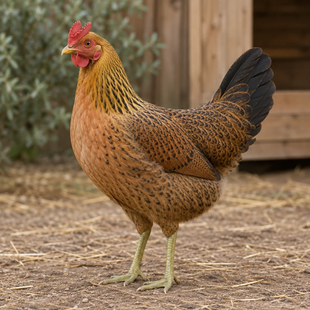 Une poule brun doré avec une crête rouge en forme de coupe, des oreillons rouges et des pattes verdâtres se tient dans une cour où se trouve de la paille.