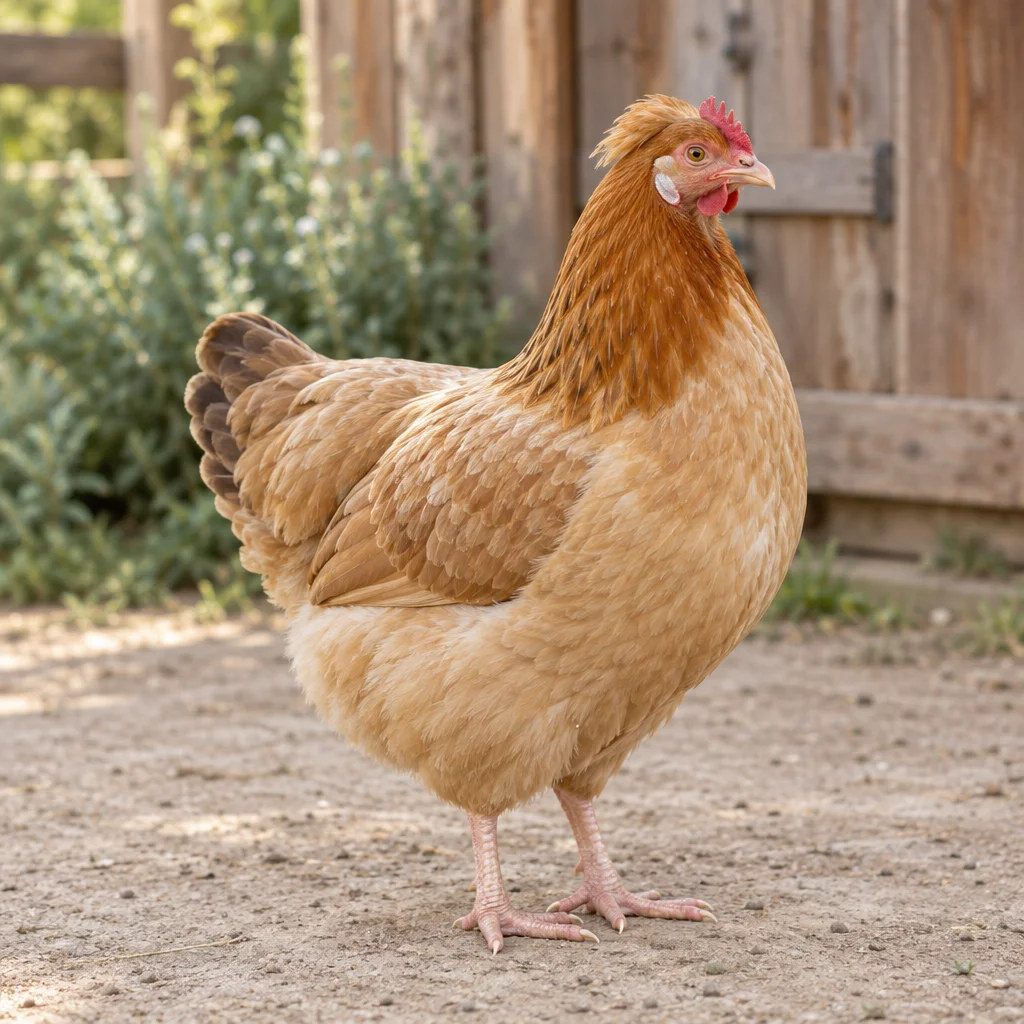 Illustration d’une poule couleur froment, avec une petite huppe retombant vers l’arrière, dans une cour de ferme.