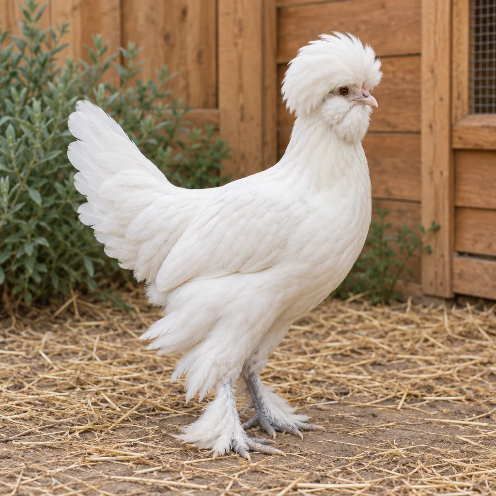 Illustration d’une poule Sultan blanche, avec une huppe fournie, des plumes autour des joues et des pattes emplumées, dans un enclos pour poules.