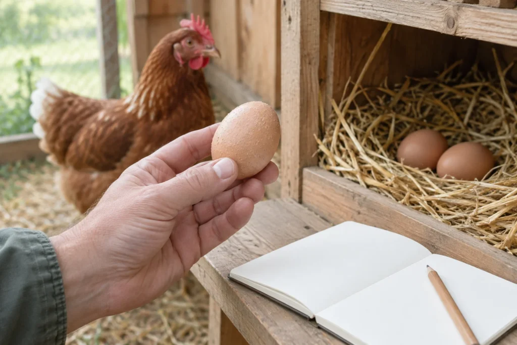 Une main tient un œuf à la coquille légèrement rugueuse près d’un pondoir contenant deux œufs. Un carnet vide et un crayon sont posés sur le rebord en bois ; une poule brune se trouve au fond de l’image.
