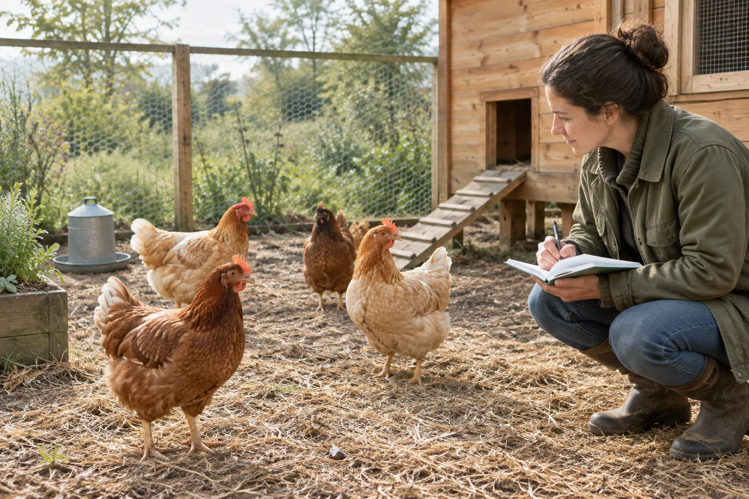 Une femme prend des notes près de quatre poules dans un enclos clôturé à côté d'un poulailler.