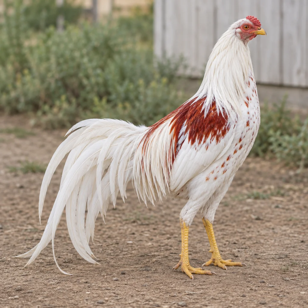 Illustration d’un coq Yokohama blanc avec des marques rouges, de longues plumes de queue et des pattes jaunes, dans une ferme.