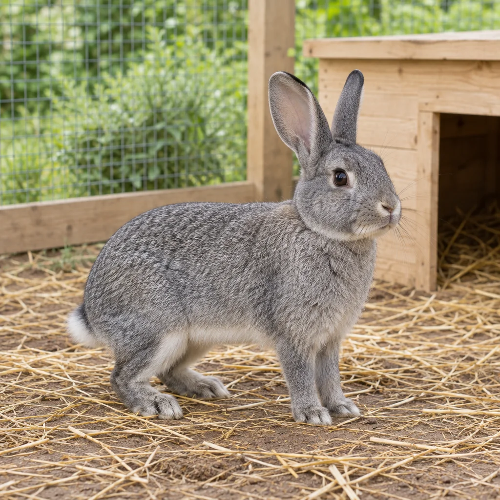 Lapin chinchilla gris dans un enclos avec de la paille et un abri en bois.