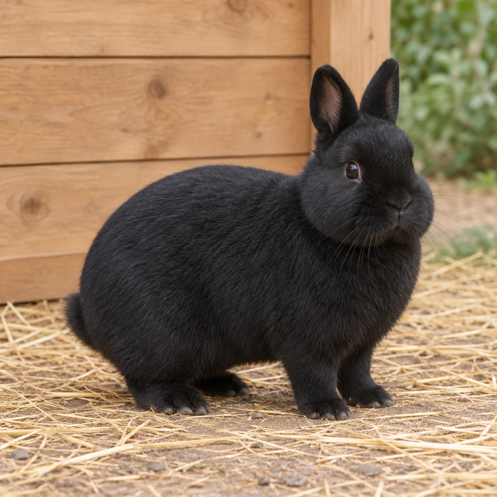 Illustration d’un lapin nain noir aux oreilles dressées, sur de la paille à côté d’un clapier en bois.