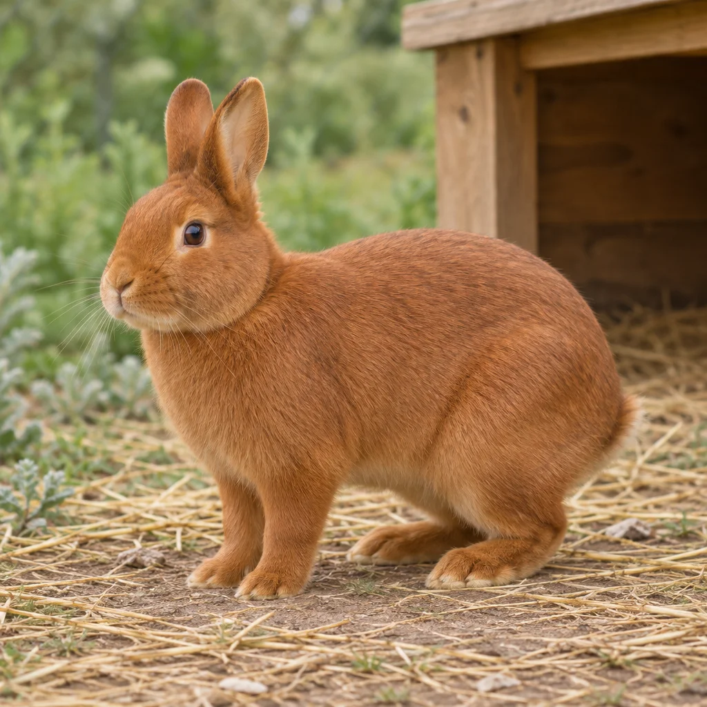 Un lapin roux brun aux oreilles dressées se tient sur ses quatre pattes, sur de la paille, à côté d’une cachette en bois.