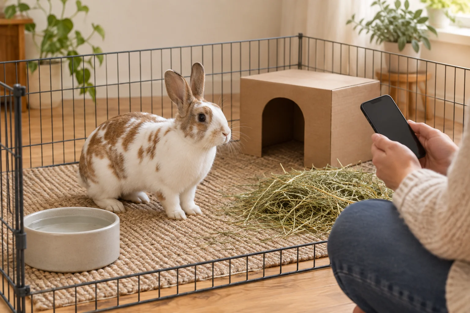 Lapin brun et blanc dans un enclos intérieur avec du foin, une gamelle d’eau et une cachette en carton ; à côté, une personne tient un téléphone.