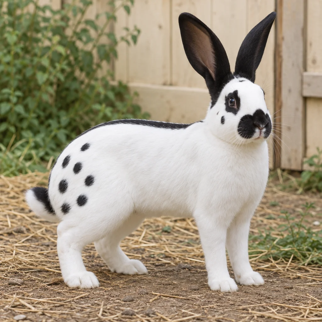 Illustration d’un Géant Papillon Français, lapin blanc aux oreilles noires, avec des marques sur le museau, une raie dorsale et des taches sur l’arrière.