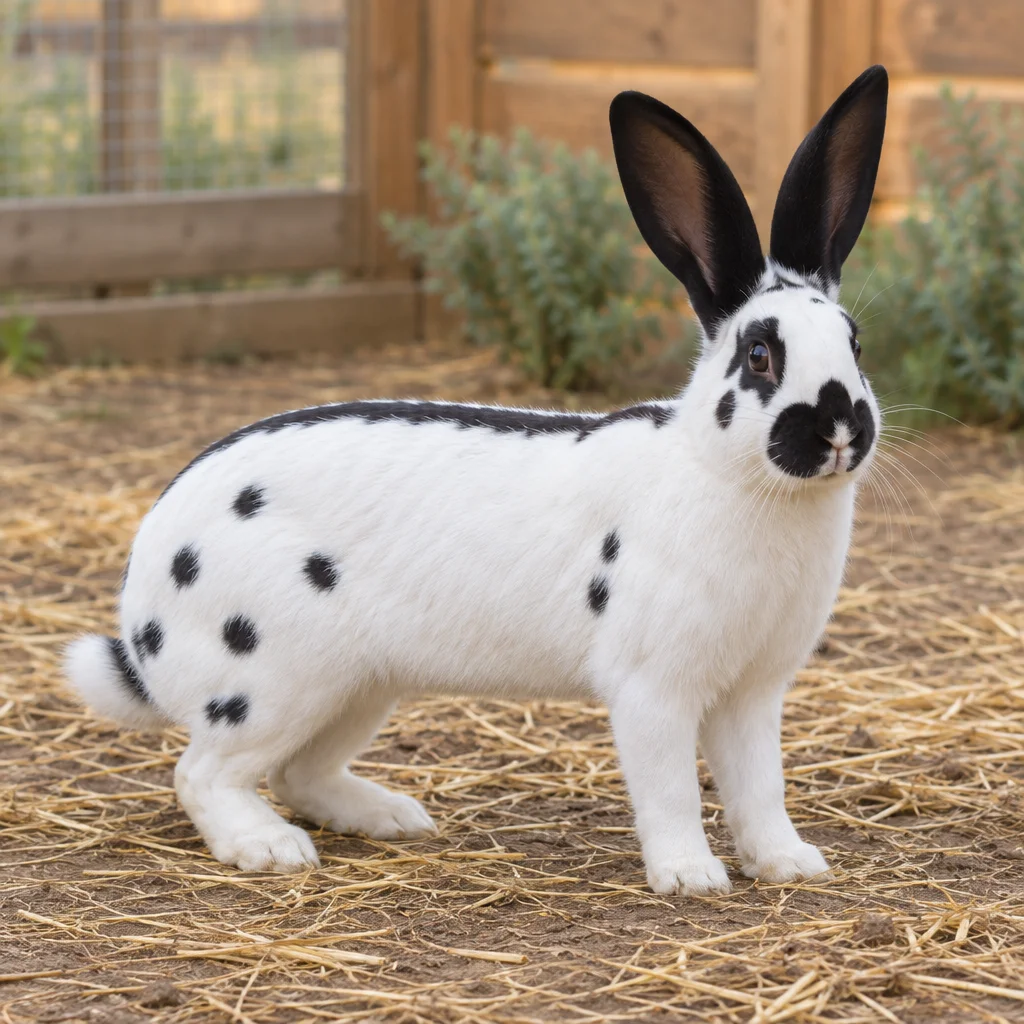 Grand lapin blanc aux oreilles noires, avec un motif foncé sur le museau et des taches noires sur le flanc, debout sur de la paille devant un enclos en bois.