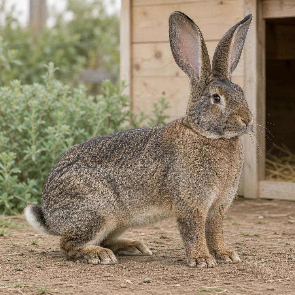 Illustration d’un grand lapin gris brun aux oreilles dressées, près d’un abri en bois.