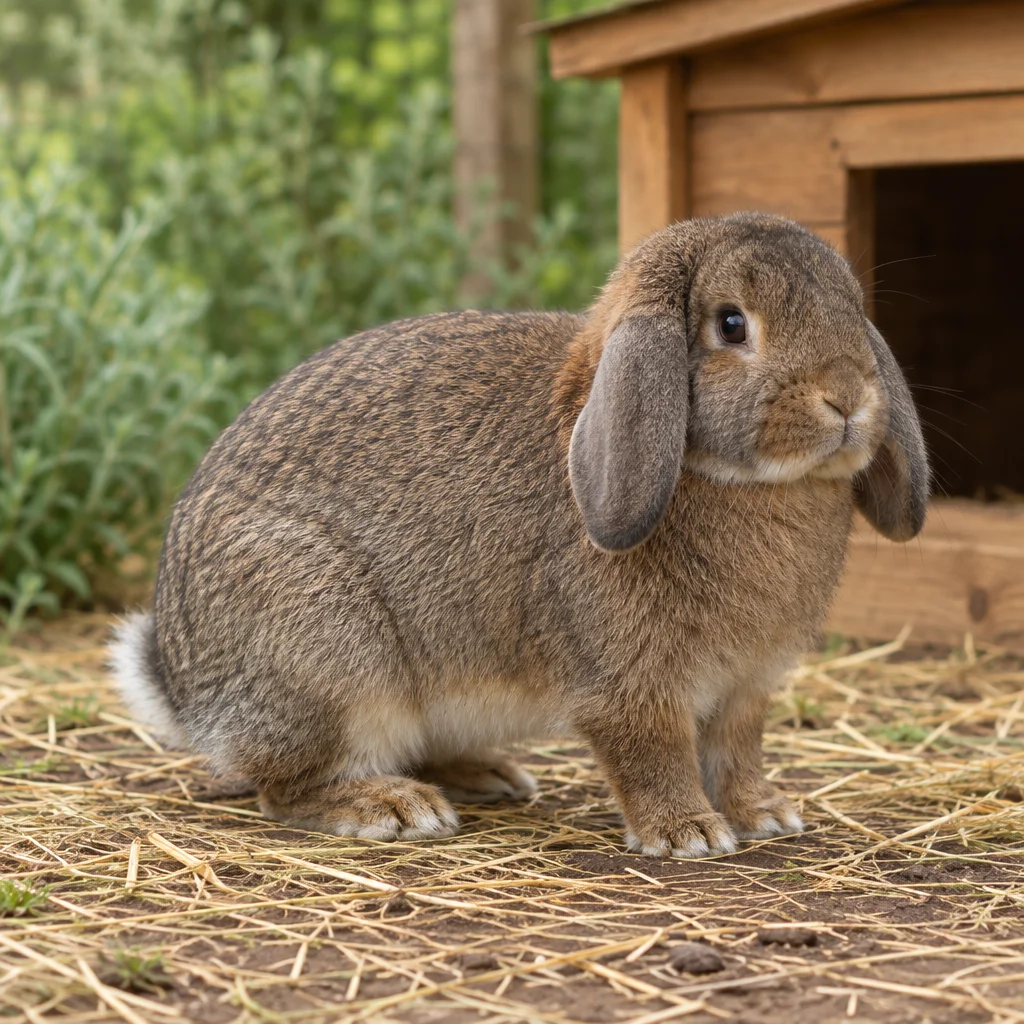 Un lapin au pelage gris brun et aux oreilles tombantes se tient sur de la paille, à côté d’une cachette en bois.