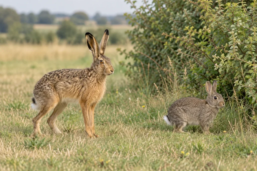 Illustration d’un lièvre aux longues pattes à côté d’un lapin sauvage plus petit dans une prairie.