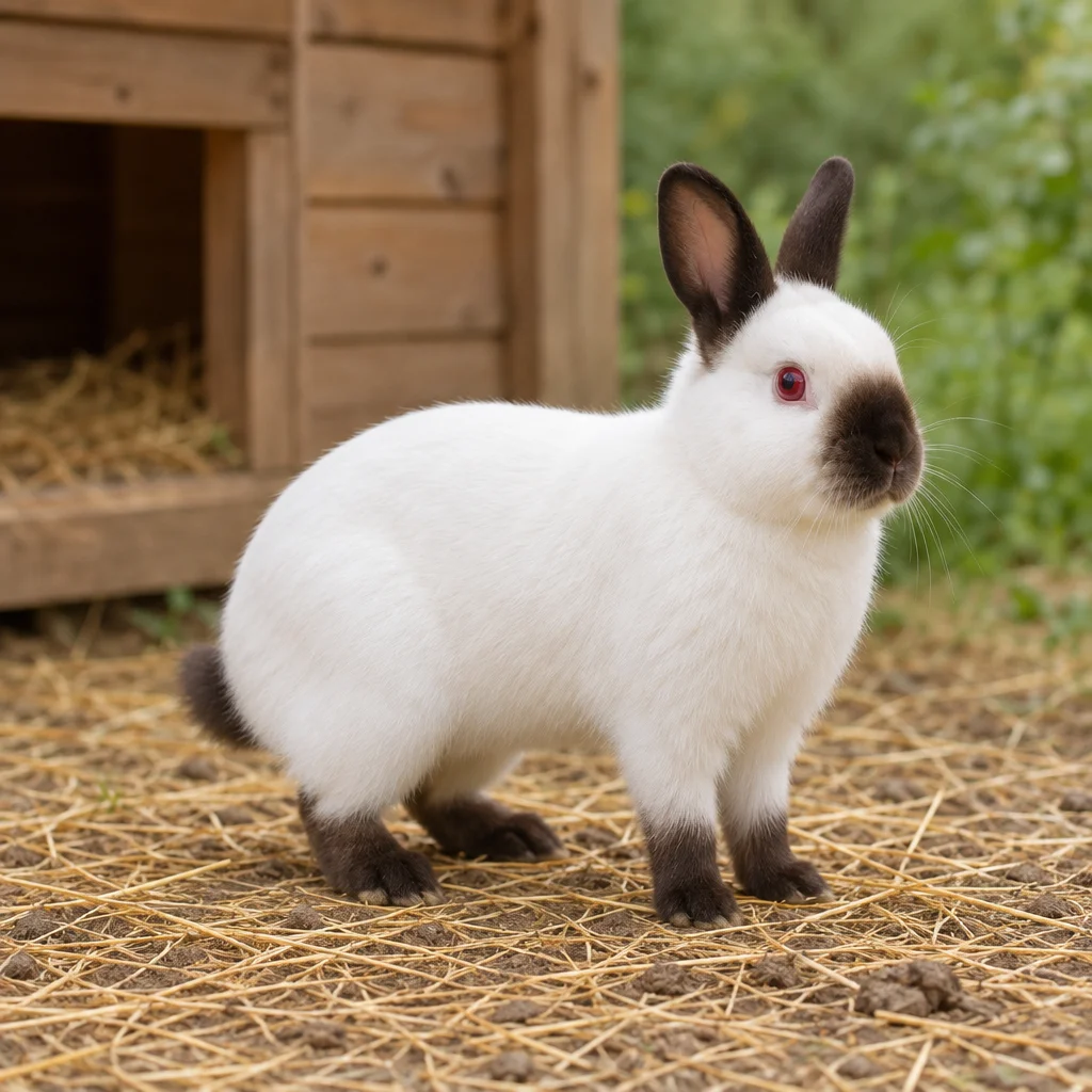 Illustration d’un lapin russe blanc aux yeux rouges, avec les oreilles, le museau, les pattes et la queue foncés, près d’un clapier en bois.