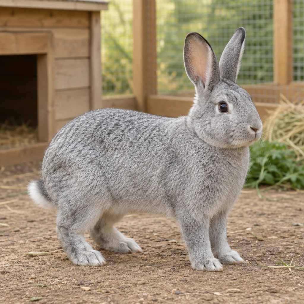 Illustration d’un lapin de couleur argentée claire près d’un habitat en bois.