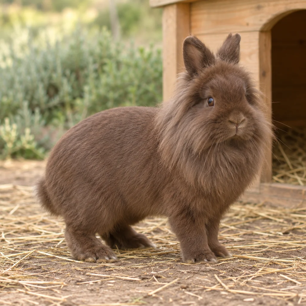 Lapin brun à la crinière fournie autour de la tête et de la poitrine, aux oreilles dressées, à côté d’un abri en bois.