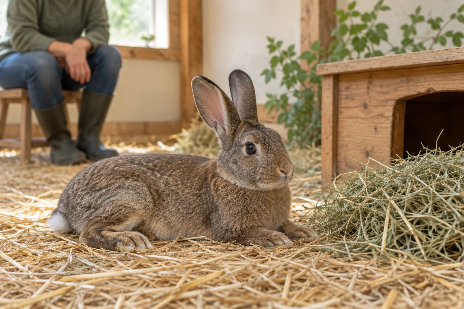 Un lapin brun est couché sur de la paille, près de foin et d’un abri en bois, tandis qu’une personne est assise en arrière de la scène.