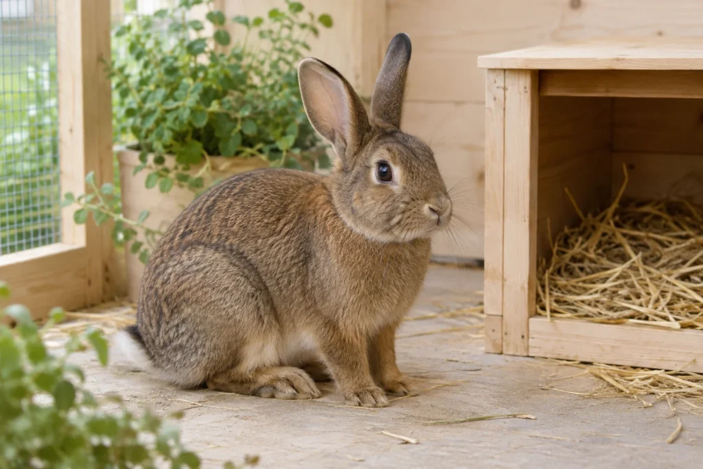 Un lapin brun est assis dans un enclos à côté d'un nichoir en bois garni de foin.