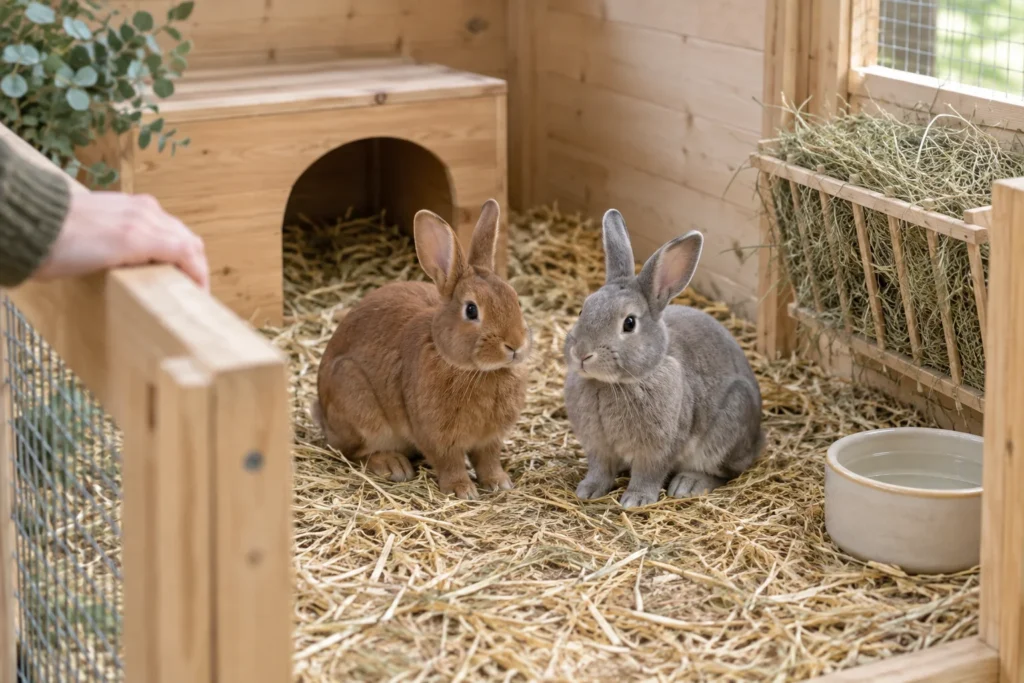 Un lapin brun et un lapin gris sont assis côte à côte sur de la paille dans un espace de vie en bois, avec du foin, une petite maison pour s’abriter et un bol d’eau. Une main repose sur le bord de l’espace de vie.