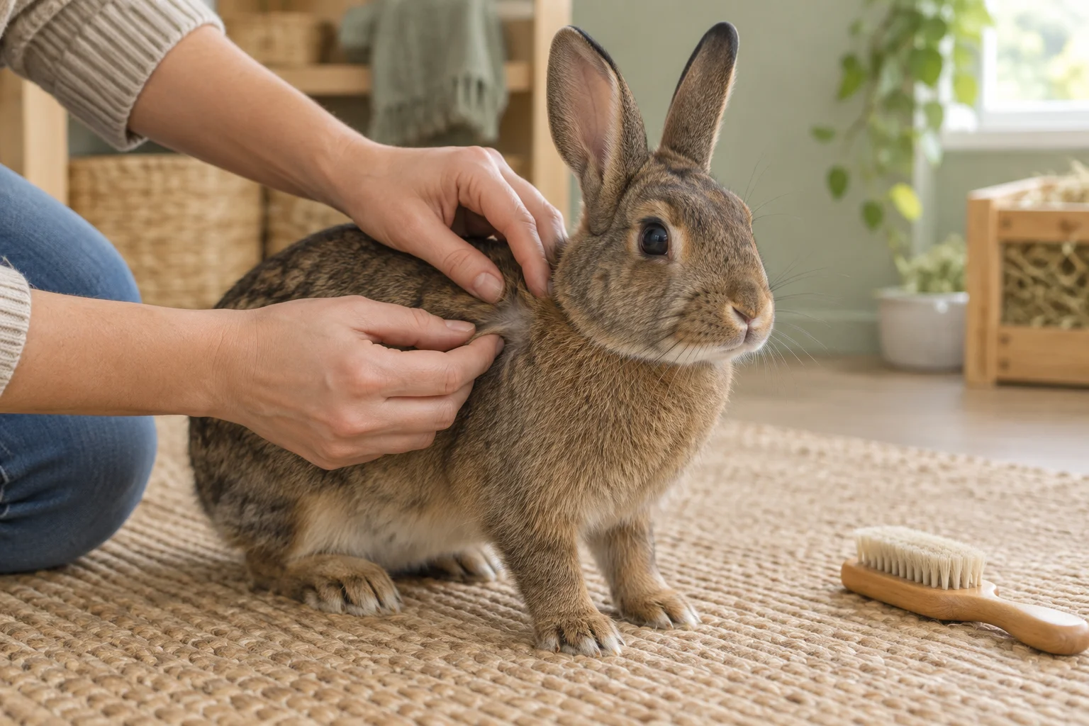 Un lapin brun se tient sur un tapis tandis que des mains écartent délicatement les poils près de son épaule. Ses pattes sont visibles ; une brosse est posée à côté de lui.