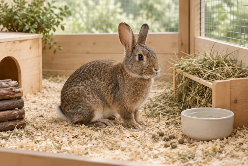 Lapin brun dans un habitat avec du foin, une gamelle d’eau et des crottes sur la litière.
