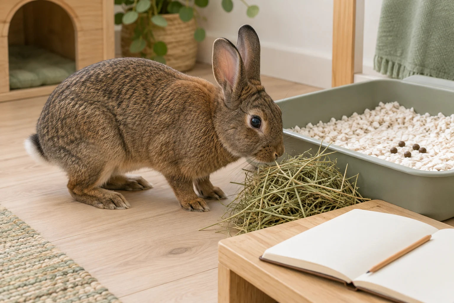 Lapin brun près de foin et d’un bac à litière contenant quelques crottes ; un carnet vierge et un crayon sont posés sur une petite table en bois.