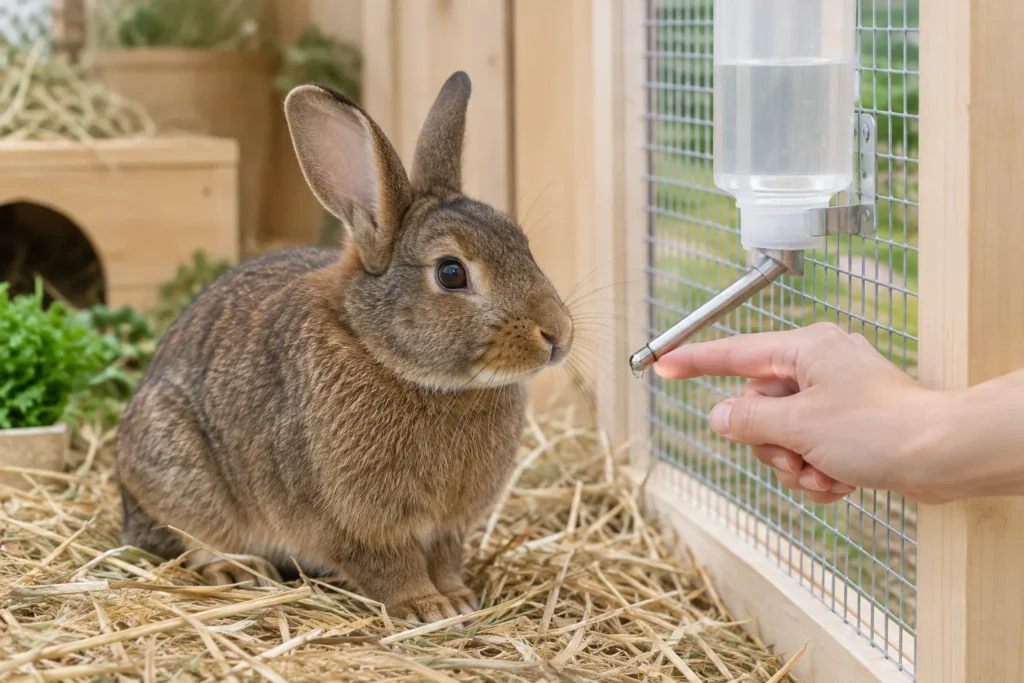 Lapin brun près d’une bouteille d’abreuvement fixée au grillage ; une main approche un doigt de la tétine métallique portant une goutte d’eau.